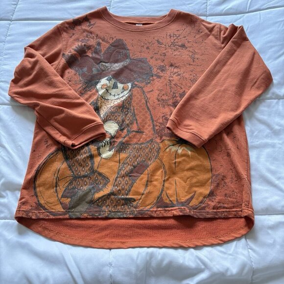 Fall Pumpkin Scarecrow Shirt Long Sleeve Orange Studded Womens Size Large Autumn - Picture 1 of 7